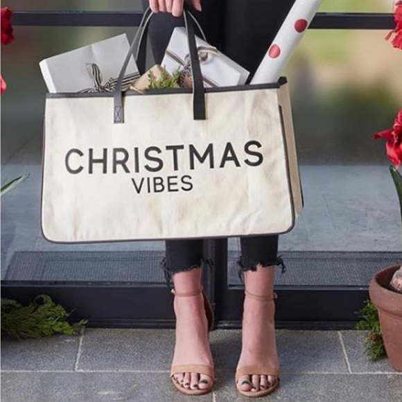 Santa Barbara Tote Bag Cotton Canvas Leather Handles Black/White Christmas Vibes - Picture 1 of 15